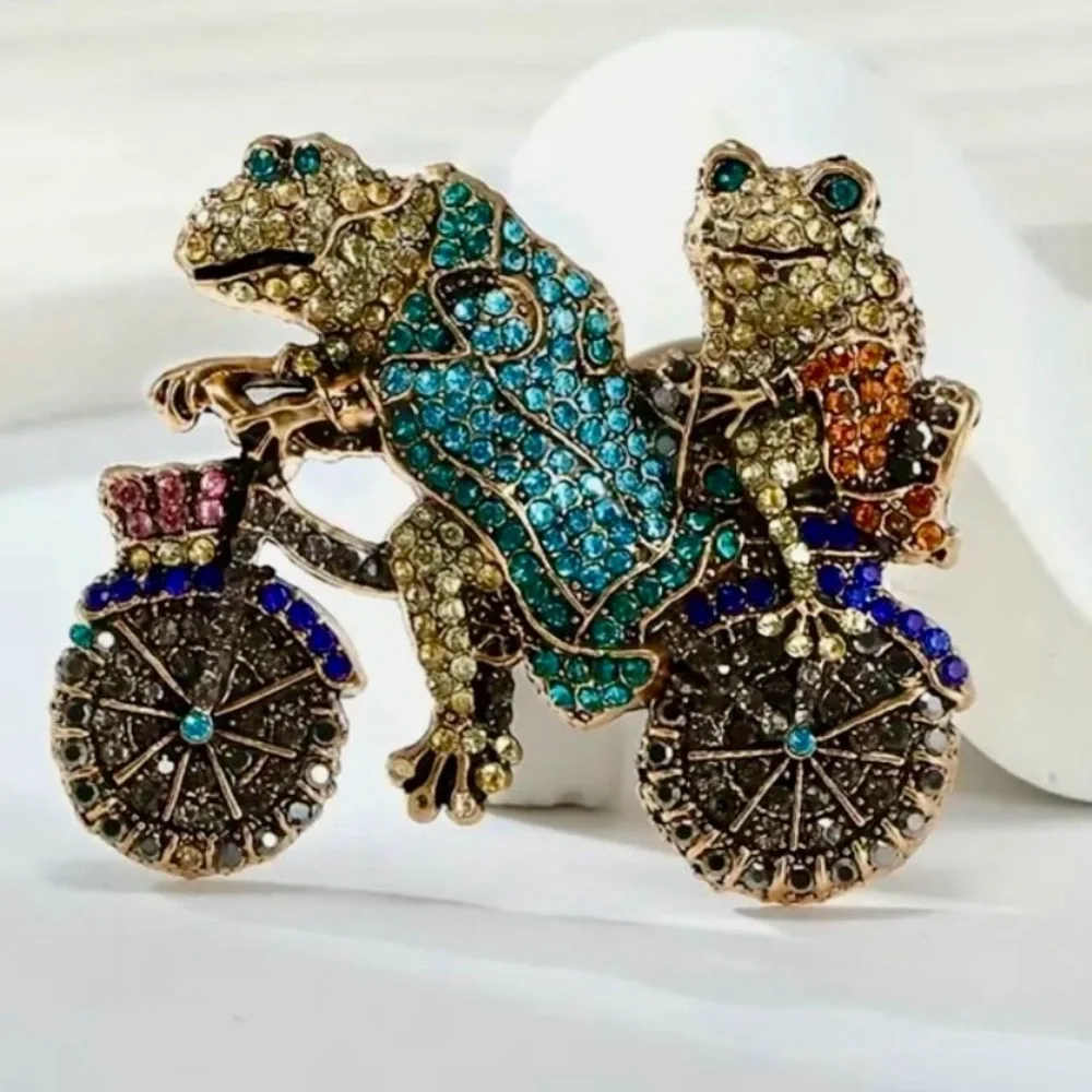 Vintage-Inspired Rhinestone Frogs on a Bicycle, Multi-Colored Brooch.